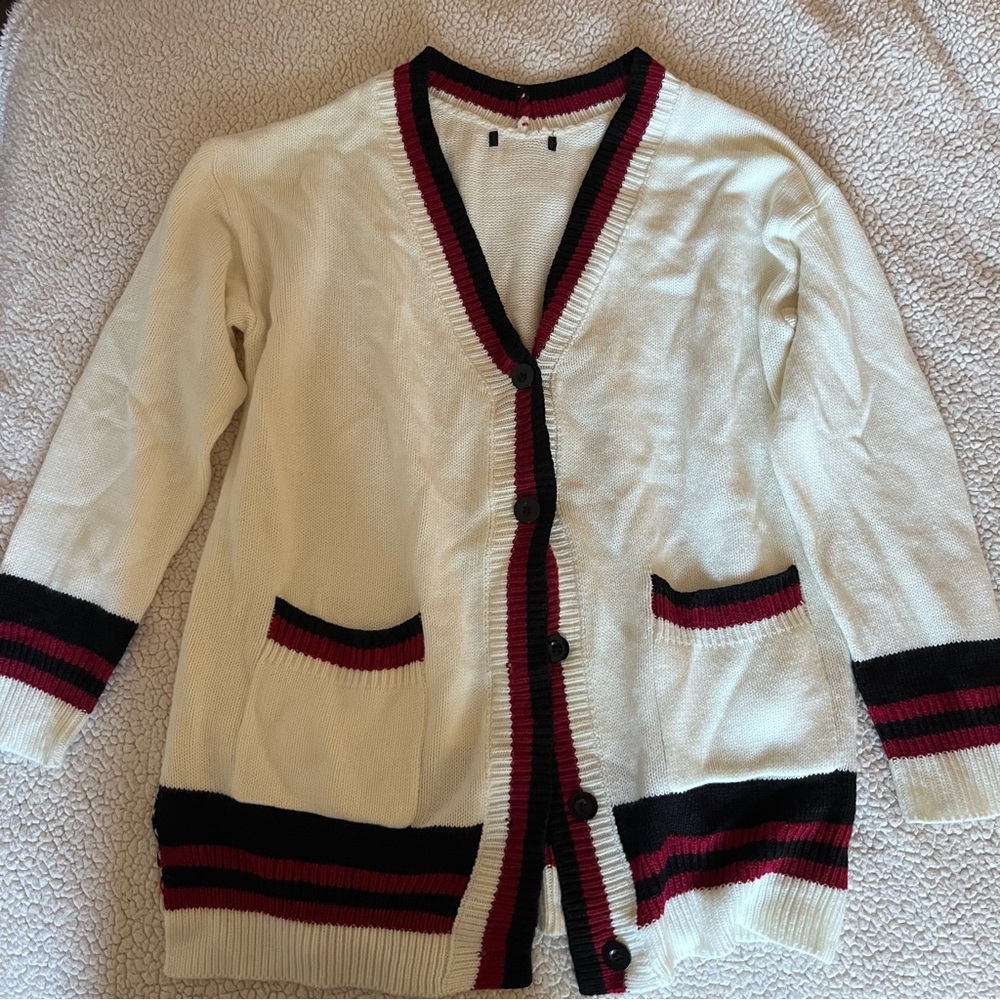 white and red button up cardigan